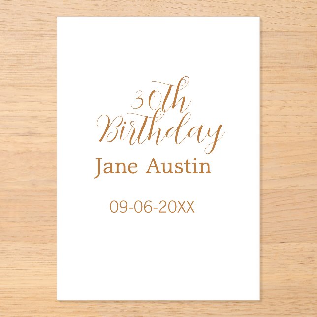 30th birthday copper brown simple stylish name dat acryleinladungen (Vorderseite)