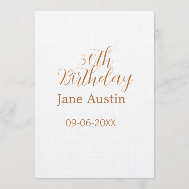 30th birthday copper brown simple stylish name dat einladung (Vorderseite)