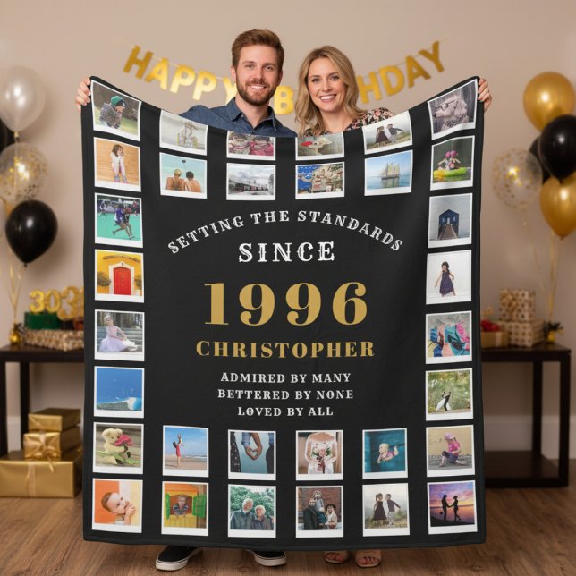 30th Birthday Family Memories Photo Collage  Fleecedecke (Born 1996 photo template fleece blanket. Held by a couple.)