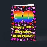 30th Birthday: Loving Hearts Pattern, Rainbow # 30 Karte<br><div class="desc">The front of this joyful and colorful birthday greeting card design feature a large number "30" having a rainbow spectrum gradient inspirred pattern. IT feature the message "Happy 30th Birthday", and an editable name. The background of the front feature a pattern of pink, red, and purple heart shapes. The inside...</div>