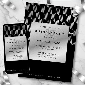 30th Birthday Modern Black Faux Silver Foil Einladung