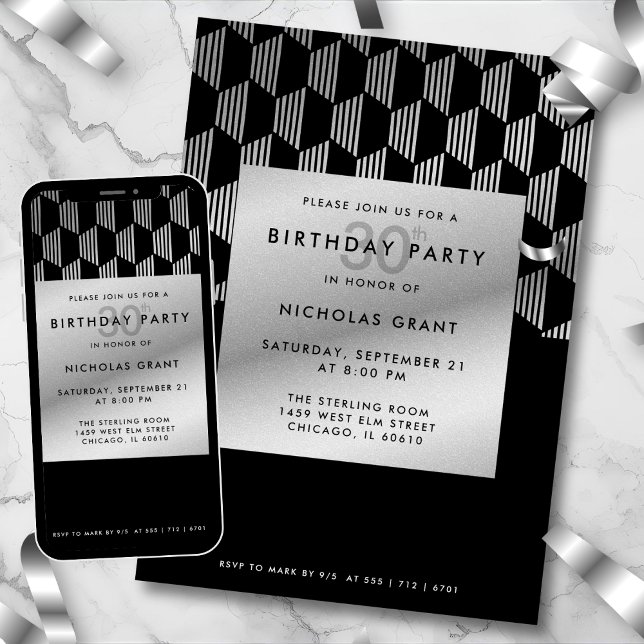 30th Birthday Modern Black Faux Silver Foil Einladung (Von Creator hochgeladen)