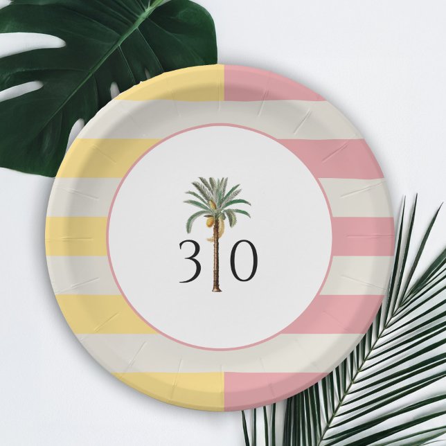 30th Birthday Palm Beach Tropical Pastel Stripe Pappteller (Von Creator hochgeladen)