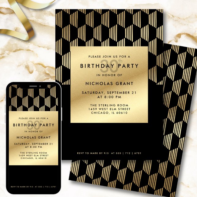 30th Birthday Party Modern Black and Gold Foil Einladung (Von Creator hochgeladen)