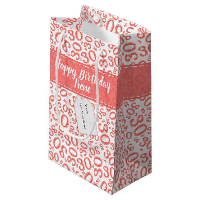 30th Birthday Random Number Pattern Coral/White Kleine Geschenktüte (Vorderseite Schrägansicht)