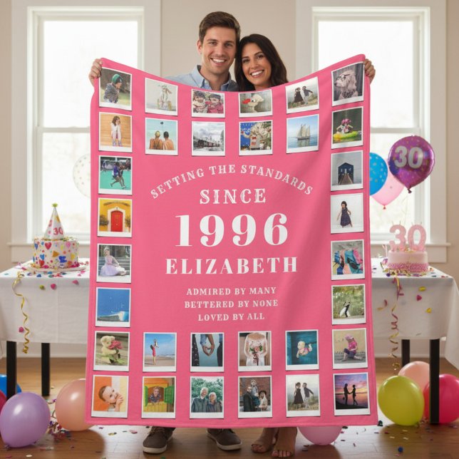 30th Birthday Wife Family Photo collage Pink Fleecedecke (Born 1996 Pink fleece blanket with photo collage. Held up by a couple.)