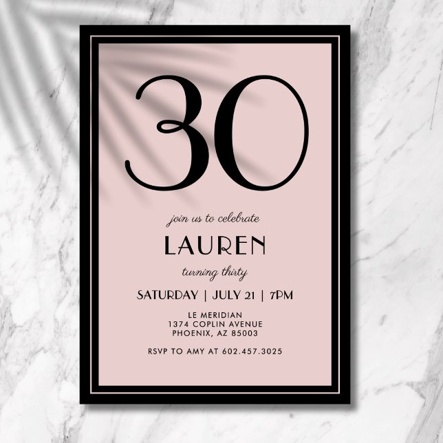 30th Birthday Women's Modern Minimal Black Pink Einladung (A chic black and pink invitation that blends modern minimal design with elegance.)