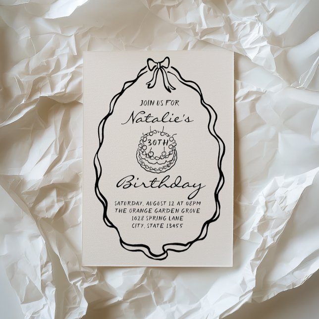 30th Bow Hand Drawn Coquette Illustriert Geburtsta Einladung (Von Creator hochgeladen)