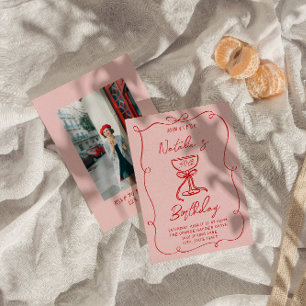 30th Hand Drawn Red Bow Champagne Foto Geburtstag Einladung