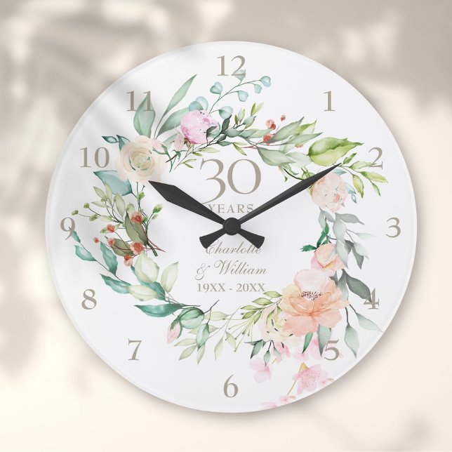 30th Pearl Wedding Anniversary Roses Floral Große Wanduhr (30th Pearl Wedding Anniversary Roses Floral Large Clock)