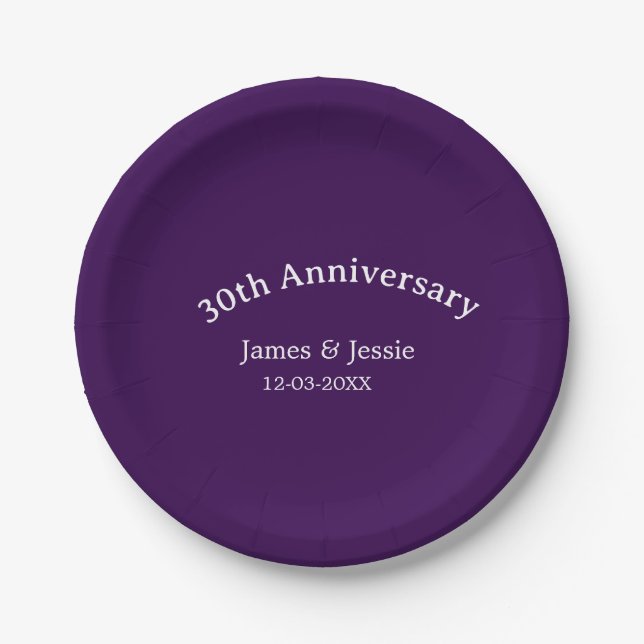 30th wedding anniversary name date purple simple  pappteller (Vorderseite)