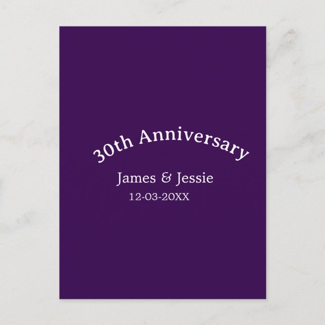 30th wedding anniversary name date purple simple  postkarte (Vorderseite)