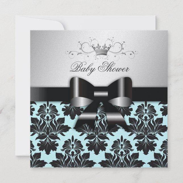 311 BlackBerry Blue Damask Black Bow| Babydusche Einladung (Vorderseite)