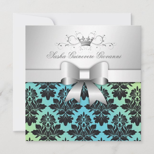 311-BlackBerry Damask Bow Turquoise Limon Sweet 16 Einladung (Vorderseite)