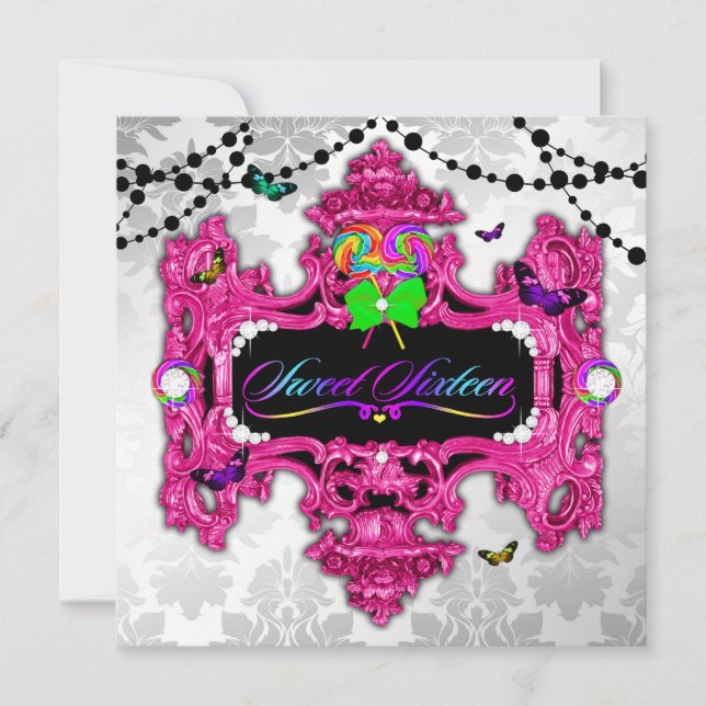 311 Candy Wonderland Pink White Damask Einladung (Vorderseite)