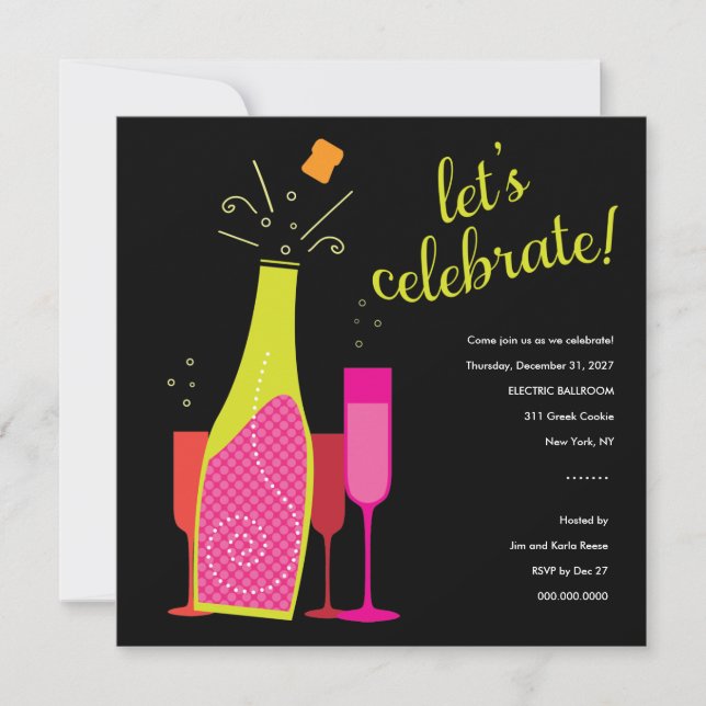 311 Champagner Pop Neujahr Einladung Rosa & Schwar (Vorderseite)