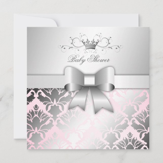 311-Damast Shimmer Bow Wertvoll Pink Baby Dusche Einladung (Vorderseite)