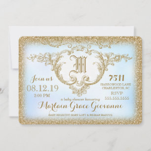 311 Gold Glitzer Monogram Baby Boy Shower Einladung
