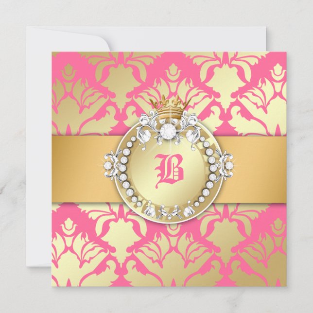 311-Golden Damask Shimmer Queen Babydusche Einladung (Vorderseite)