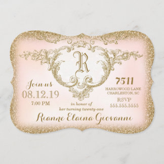 311 Goldene Glitzer Monogram - Einladung zum Gebur