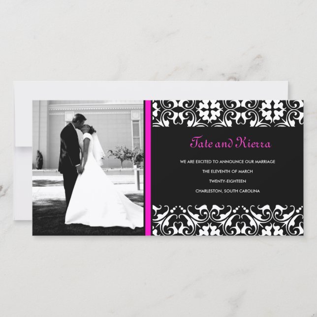 311-HOT PINK DAMASK WEDDING FOTOKARTE ANKÜNDIGUNG (Vorderseite)
