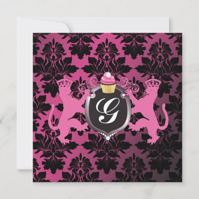 311 Luxe Lion Heraldry Pink Cupcake Baby Dusche Einladung (Vorderseite)