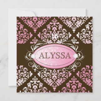 311-Luxuriös rosa N Braun Damask Sweet 16 Einladung