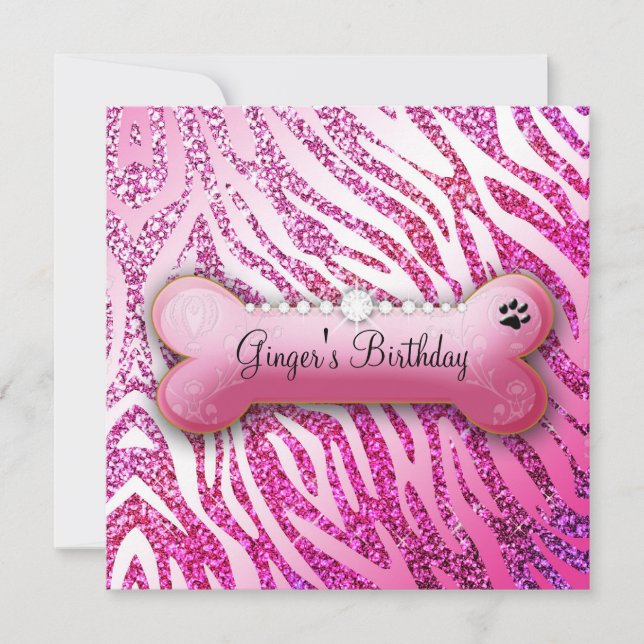 311 Posh Pooch Birthday Einladung Glitzer Zebra (Vorderseite)