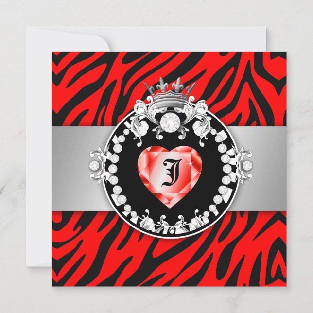 311 Zebra Tique Kiss Queen of Hearts Sweet16 Einladung (Vorderseite)
