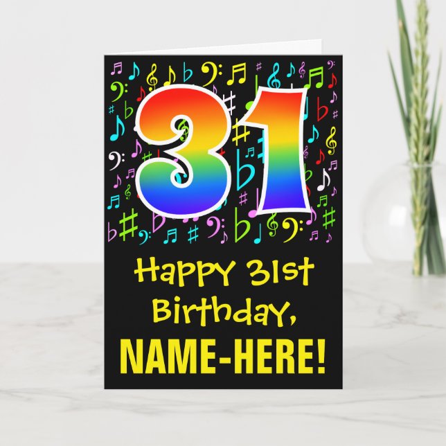 31. Geburtstag: Farbige Musiksymbole + Regenbogen  Karte (Vorderseite)