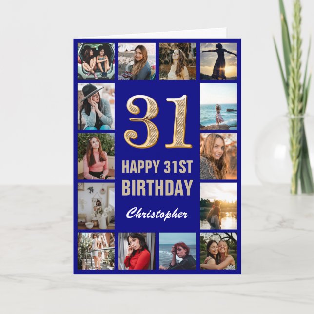 31. Happy Birthday Navy Blue & Gold Foto Collage Karte (Vorderseite)