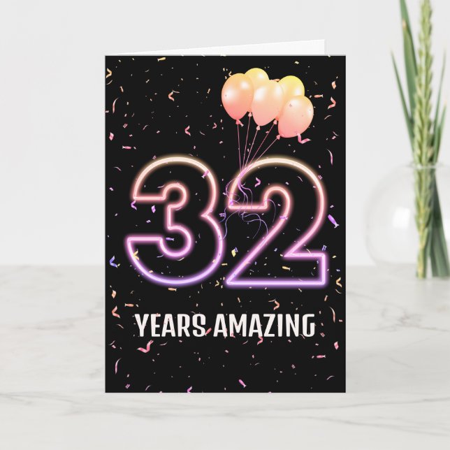32. Geburtstag Ballons und Confetti Karte (Vorderseite)