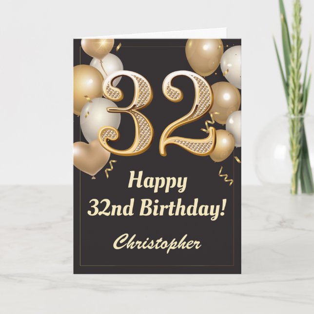 32. Geburtstag Black and Gold Balloons Confetti Karte (Vorderseite)