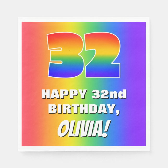 32. Geburtstag: Farbiges, lustiges Regenbogenmuste Serviette (Vorderseite)