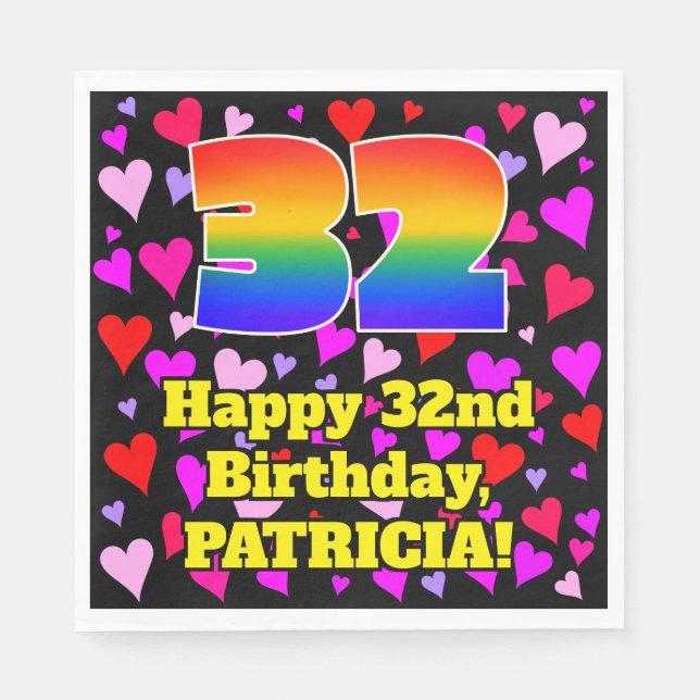 32. Geburtstag: Loving Hearts Pattern, Regenbogen  Serviette (Vorderseite)