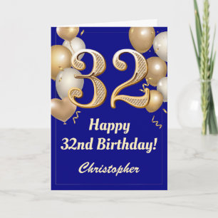 32. Geburtstag Navy Blue und Gold Balloons Confett Karte