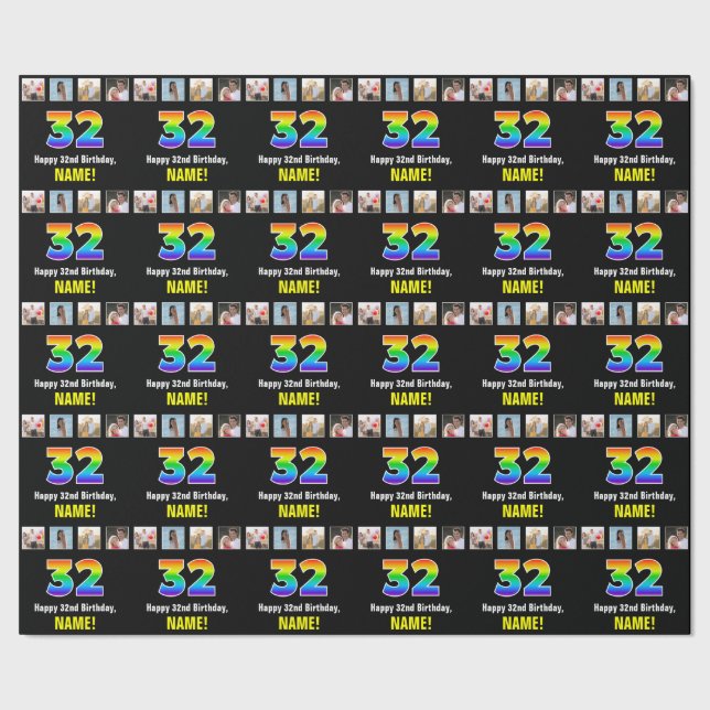 32. Geburtstag: Regenbogen "32"; benutzerdefiniert Geschenkpapier (Saum)