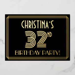 32. Geburtstagsparty — Art Deco Stil "32" + Name Folieneinladung