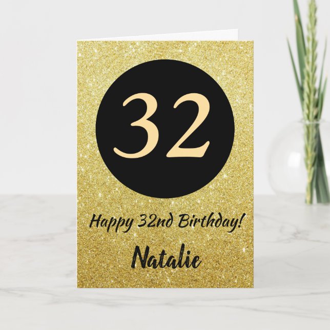 32. Happy Birthday Black and Gold Glitzer Card Karte (Vorderseite)