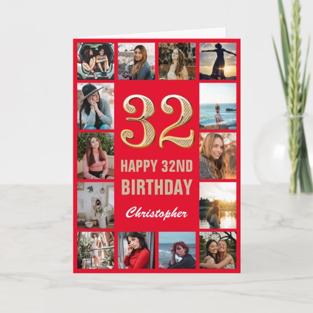 32. Happy Birthday Red and Gold Foto Collage Karte (Vorderseite)
