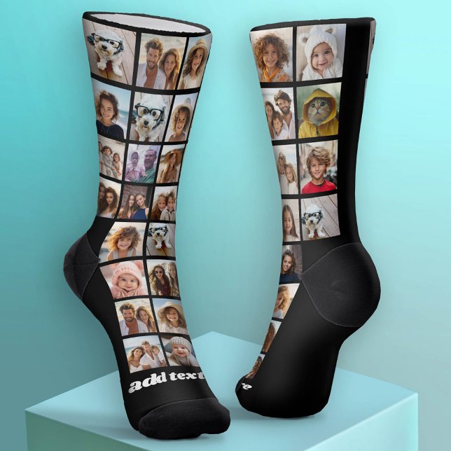 32 Photos - pic grid all over with one line text Socken (Custom Socks - Add Your Photo Collage)