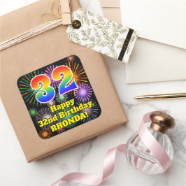 32nd Birthday: Fun Fireworks Look, Rainbow # 32 Quadratischer Aufkleber