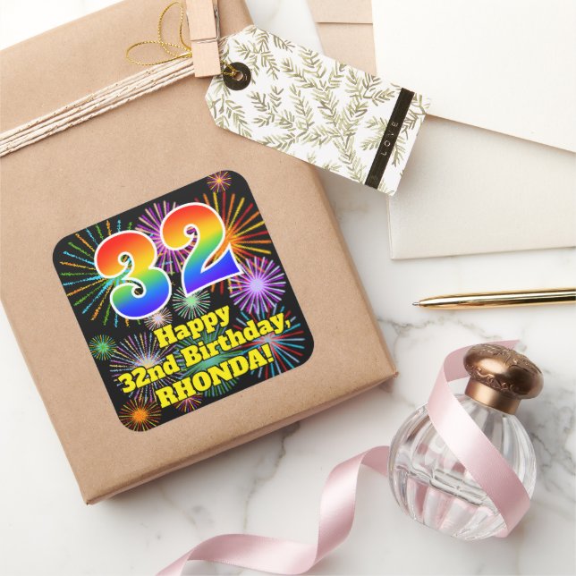 32nd Birthday: Fun Fireworks Look, Rainbow # 32 Quadratischer Aufkleber (Schenken)