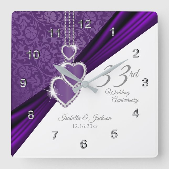 33. Amethyst Lila Hochzeitstag-Jubiläum Keepake Quadratische Wanduhr (Vorderseite)