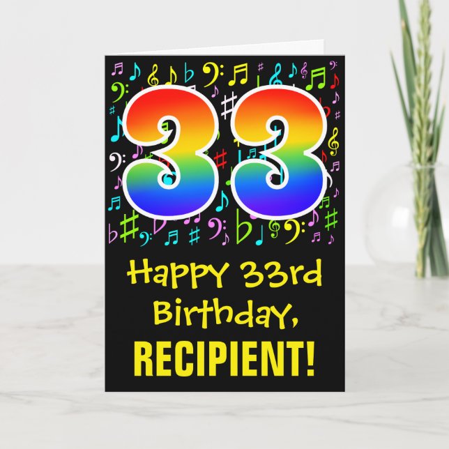33. Geburtstag: Farbige Musiksymbole + Regenbogen  Karte (Vorderseite)