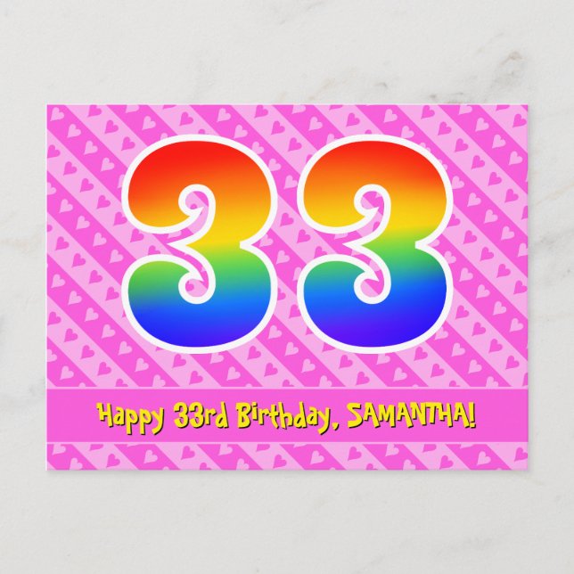 33. Geburtstag: Rosa Streifen & Herz, Regenbogen 3 Postkarte (Vorderseite)