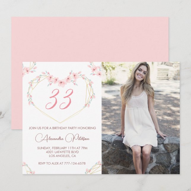33. Geburtstagseinladung Foto Elegant Boho Ankündigung (Vorne/Hinten)