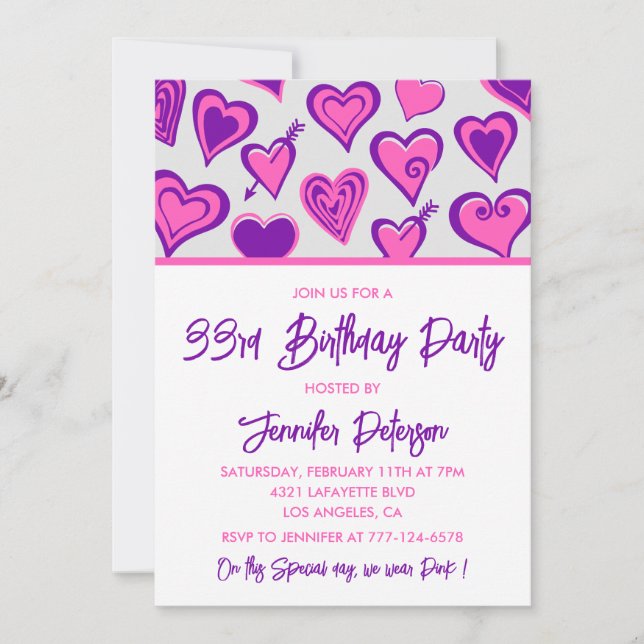 33. Geburtstagseinladung Glam Pink Heart Einladung (Vorderseite)