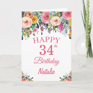 34. Geburtstag Aquarellfarben Blume Rosa Karte