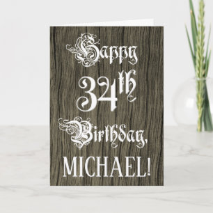 34. Geburtstag: Eleganter Text; Faux-Holz-Look Karte